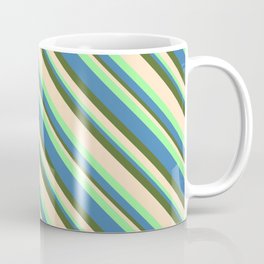 [ Thumbnail: Green, Blue, Dark Olive Green, and Bisque Colored Striped/Lined Pattern Coffee Mug ]