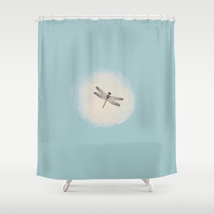 Sketched Dragonfly and Watercolor Brush Stroke on Sage Blue Green Shower Curtain