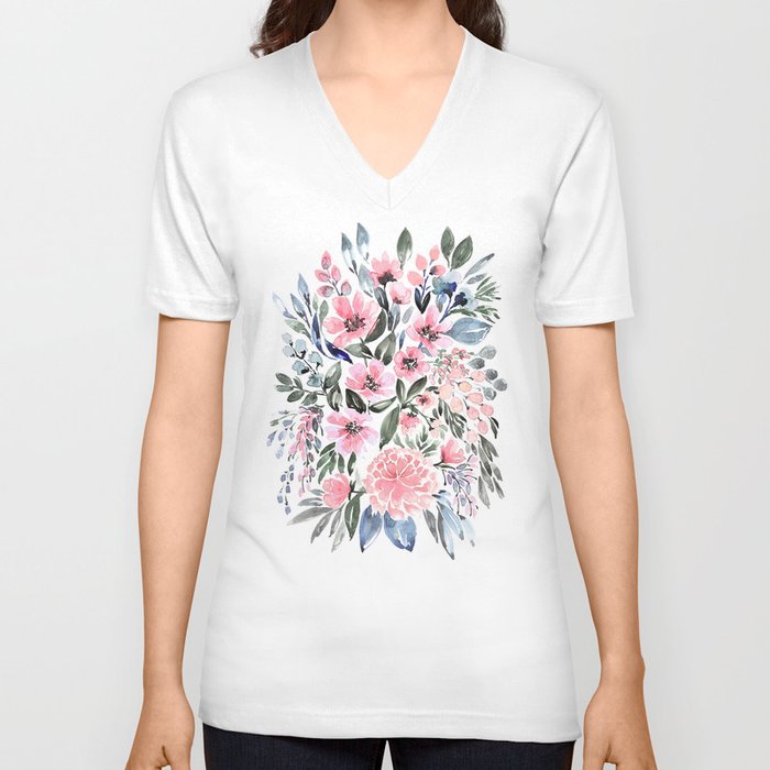 Loose watercolor floral bouquet, "Clara" V Neck T Shirt