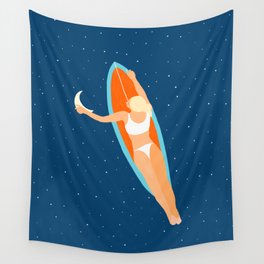 Moon Surfing, Eclectic Colorful Painting, Woman Ocean Starry Night Swim Surf Illustration Wall Tapestry