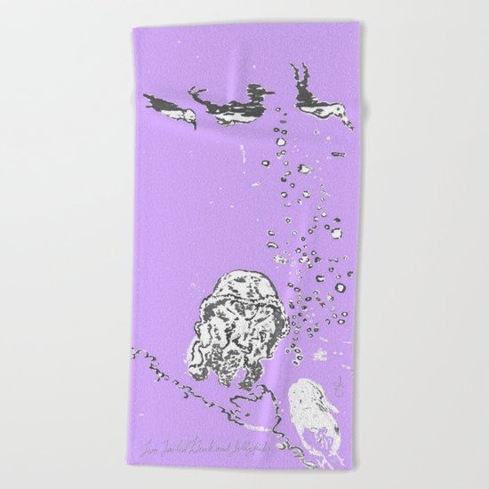 Two Tailed Duck and Jellyfish Purple Grape Beach Towel