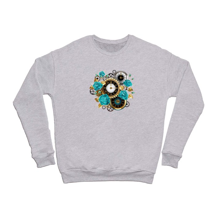 Steampunk Striped Background with Clock and Turquoise Roses Crewneck Sweatshirt