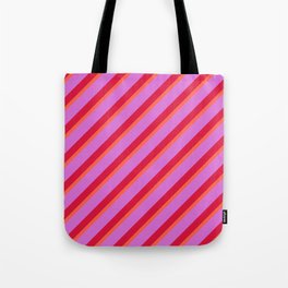 [ Thumbnail: Red, Orchid & Crimson Colored Stripes/Lines Pattern Tote Bag ]