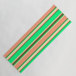 [ Thumbnail: Green, Beige, Light Salmon & Dark Olive Green Colored Stripes Pattern Yoga Mat ]