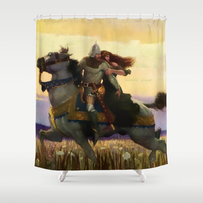 “Sir Lancelot Rides Away with Guinevere” by NC Wyeth Shower Curtain