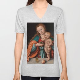 Madonna and Child, 1535 by Lucas Cranach the Elder V Neck T Shirt