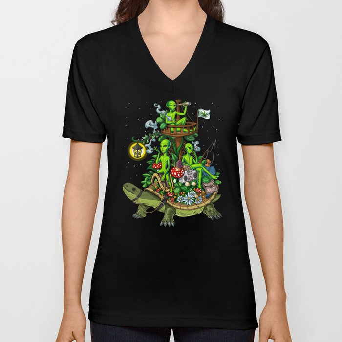 Psychedelic Aliens Space Trip V Neck T Shirt