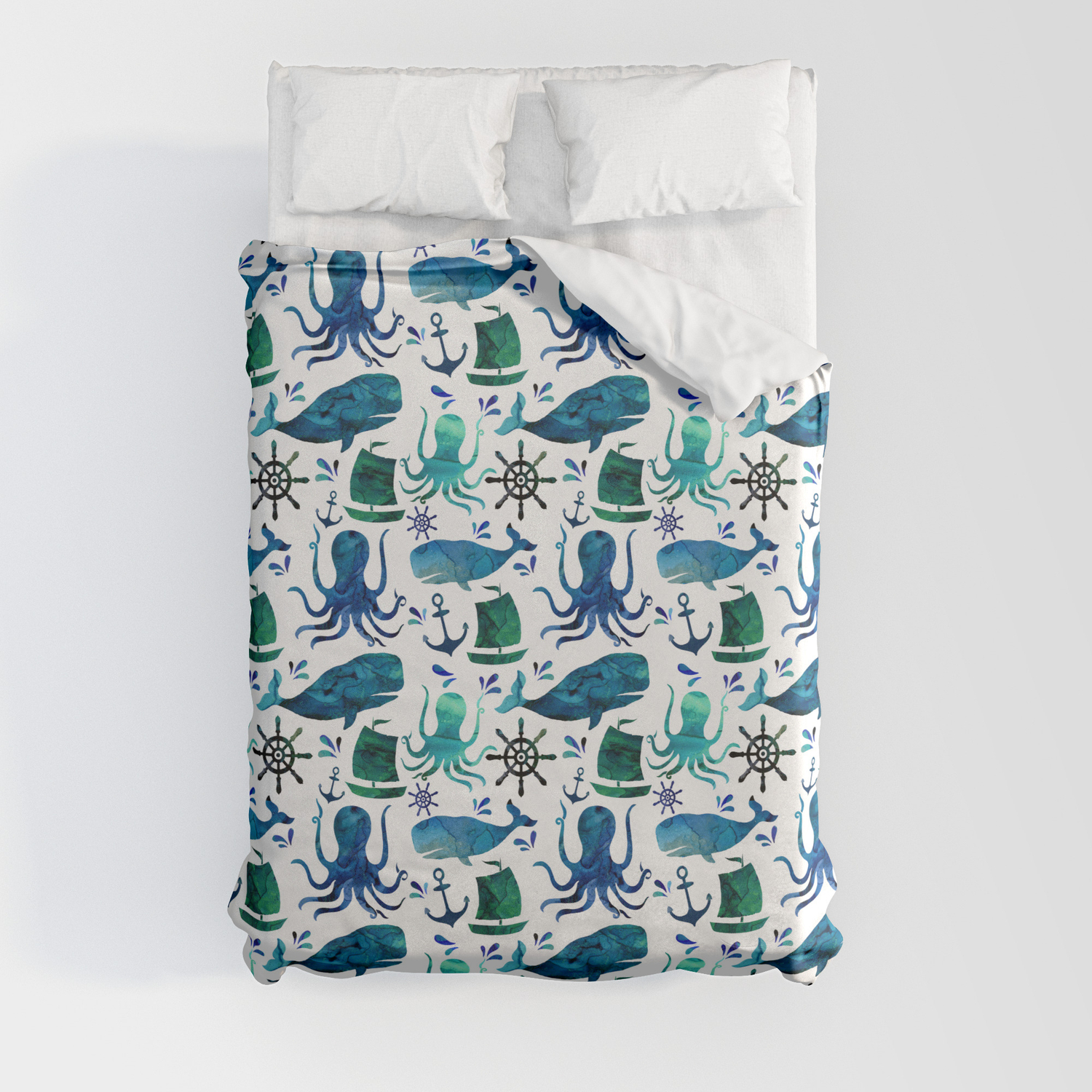 Watercolor Ocean Nautical Octopus Whale Pattern by Sam Ann Designs on Synthetic Duvet Covers