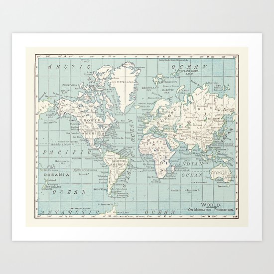World Map in Blue and Cream Art Print