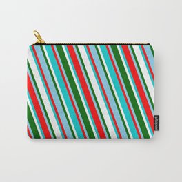 [ Thumbnail: Sky Blue, Red, Dark Turquoise, White, and Dark Green Colored Striped Pattern Carry-All Pouch ]