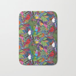 Colorful Birds// Bright Jungle Bath Mat | Pinkflowers, Blue, Birds, Forest, Kingfisher, Leaves, Bluefeather, Orangefeather, Wings, Cardinal 