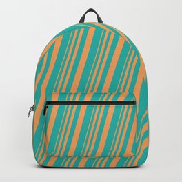 [ Thumbnail: Brown & Light Sea Green Colored Lines/Stripes Pattern Backpack ]