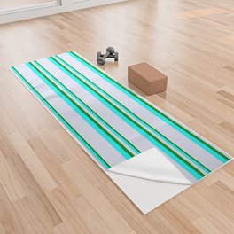 [ Thumbnail: Green, Aqua & Lavender Colored Pattern of Stripes Yoga Towel ]