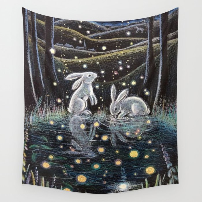 Sweet Rabbits In Moonlight Wall Tapestry