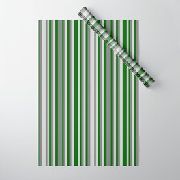 [ Thumbnail: Grey, Light Grey & Dark Green Colored Striped Pattern Wrapping Paper ]