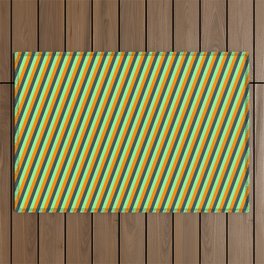 [ Thumbnail: Dark Slate Gray, Green, and Dark Orange Colored Pattern of Stripes Outdoor Rug ]