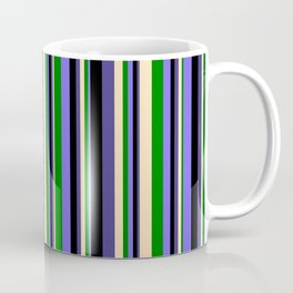 [ Thumbnail: Eyecatching Medium Slate Blue, Green, Beige, Dark Slate Blue, and Black Colored Stripes Pattern Coffee Mug ]