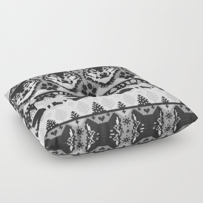 Fair isle knitting grey wolf // black and white wolves moons and pine trees Floor Pillow