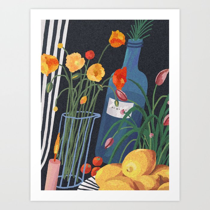 Still life with bottle and flowers Art Print