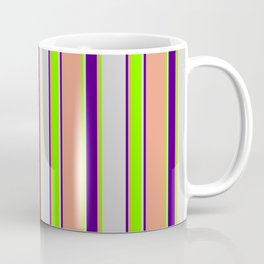 [ Thumbnail: Light Grey, Chartreuse, Dark Salmon, and Indigo Colored Striped/Lined Pattern Coffee Mug ]