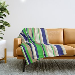 [ Thumbnail: Midnight Blue, Lime Green, Tan & Beige Colored Stripes/Lines Pattern Throw Blanket ]