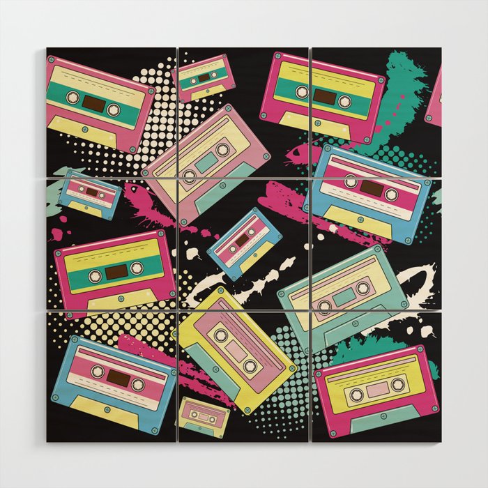 Multi Colored cassettes on a black background seamless pattern Wood Wall Art
