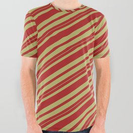 [ Thumbnail: Red and Dark Khaki Colored Stripes Pattern All Over Graphic Tee ]
