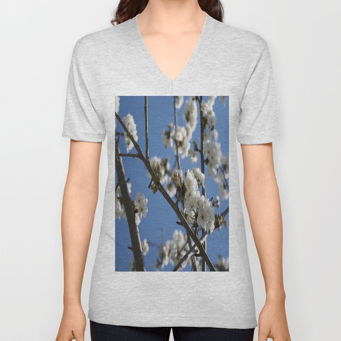 Cherry Blossom Branches Against Blue Sky V Neck T Shirt