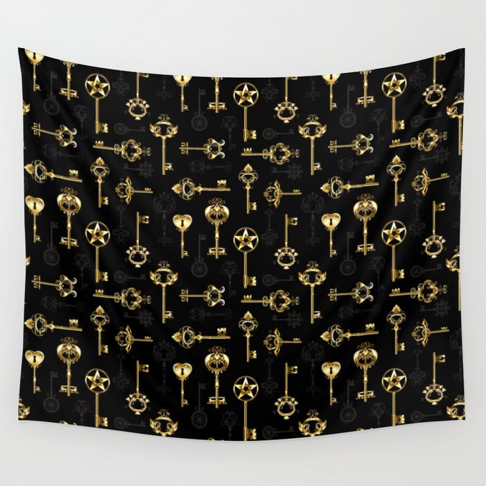 Seamless Pattern with Golden Keys Wall Tapestry