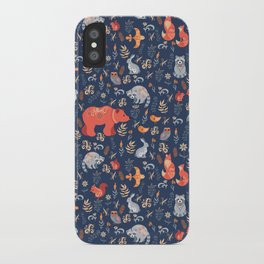 Fairy-tale forest. Fox, bear, raccoon, owls, rabbits, flowers and herbs on a blue background. Seamle iPhone Case