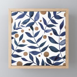 Watercolor berries and branches - indigo and beige Framed Mini Art Print