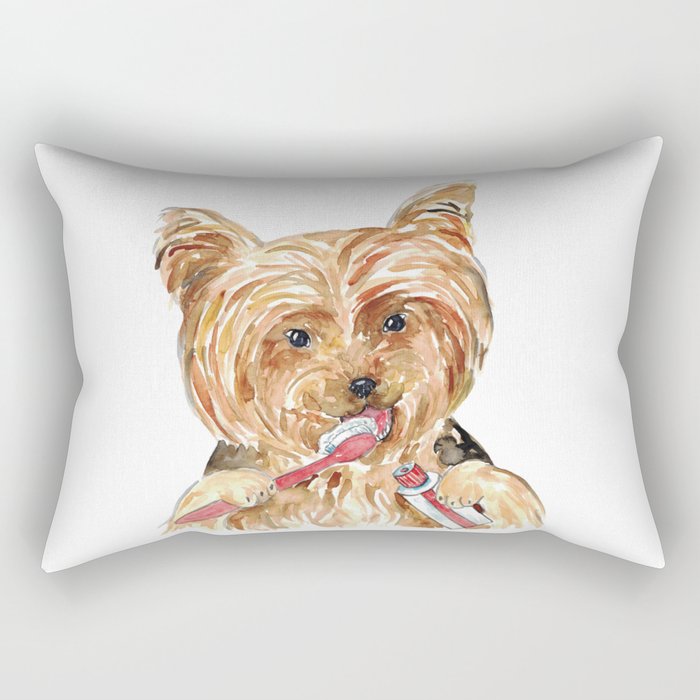Dog Yourkie Yorkshire terrier brushing teeth bath watercolor Rectangular Pillow