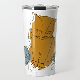Cat with yarn line art Travel Mug