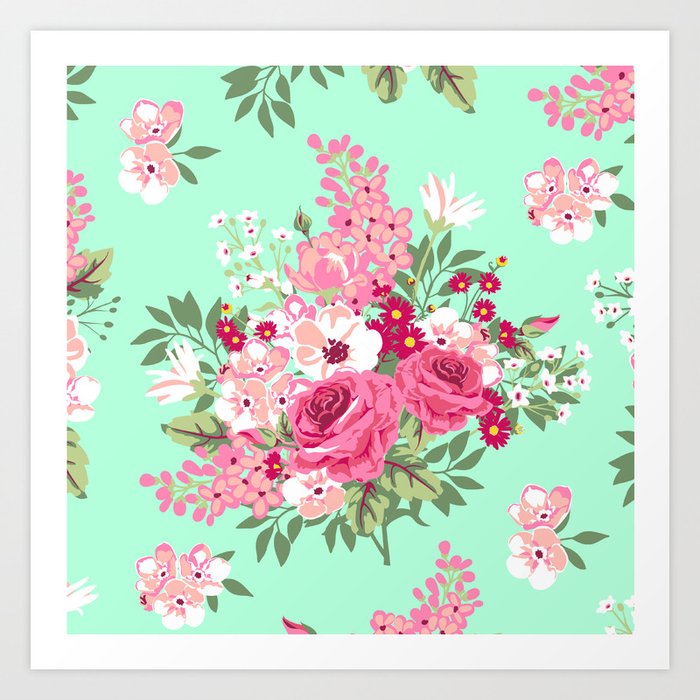 Cottage Chic Roses and Lilacs Floral in Aqua and Pink Art Print