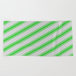 [ Thumbnail: Light Grey and Lime Green Colored Stripes Pattern Beach Towel ]