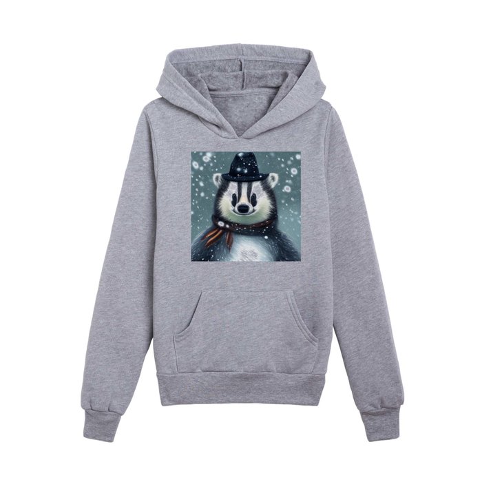 Portrait of a Badger in the Winter Snow Kids Pullover Hoodie