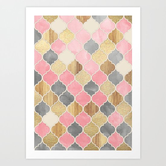 Silver Grey, Soft Pink, Wood & Gold Moroccan Pattern Art Print