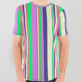 [ Thumbnail: Vibrant Light Coral, Green, Violet, Dark Slate Blue, and Light Yellow Colored Pattern of Stripes All Over Graphic Tee ]