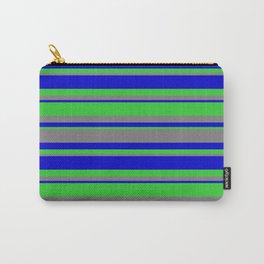[ Thumbnail: Blue, Lime Green & Gray Colored Lined/Striped Pattern Carry-All Pouch ]