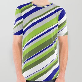 [ Thumbnail: Vibrant Green, Dark Olive Green, White, Dark Blue & Light Grey Colored Lines/Stripes Pattern All Over Graphic Tee ]