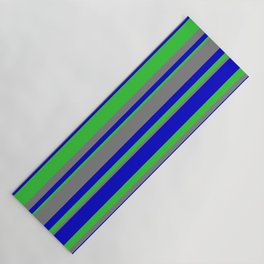 [ Thumbnail: Blue, Lime Green & Gray Colored Lined/Striped Pattern Yoga Mat ]