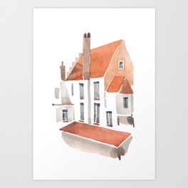 White house with a old tiled roof. Bruges, Belgium. Art Print