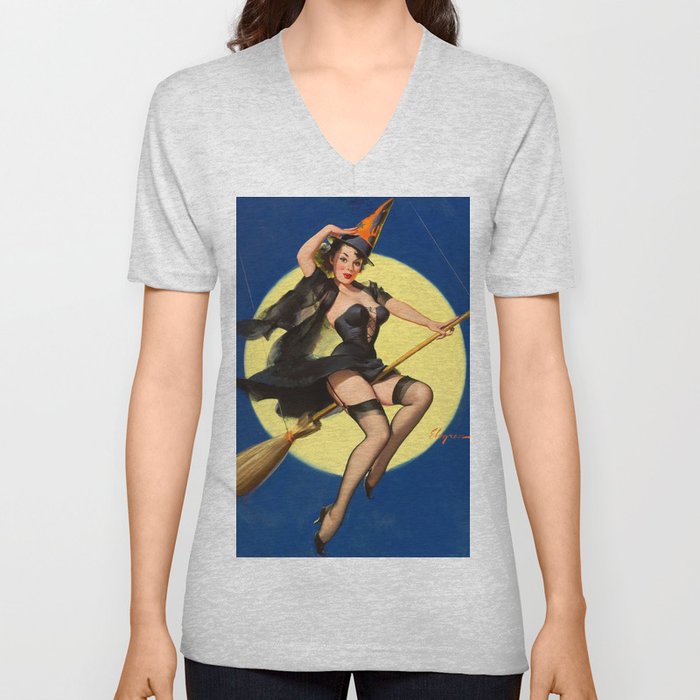 Riding High Halloween Witch Pin-up Girl V Neck T Shirt