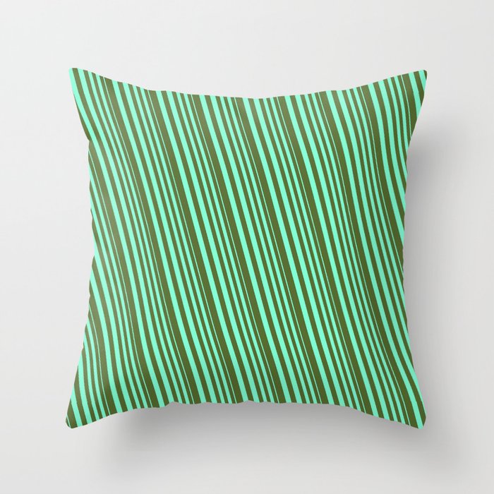 Aquamarine & Dark Olive Green Colored Lines/Stripes Pattern Throw Pillow