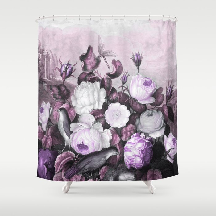 Pink Lavender Roses Gray Birds Temple of Flora Shower Curtain