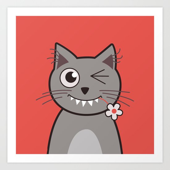 Winking Cartoon Kitty Cat Art Print