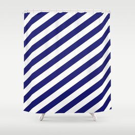 [ Thumbnail: White and Midnight Blue Colored Stripes Pattern Shower Curtain ]