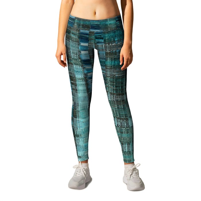 Distorted Turquoise Blue Check Pattern Leggings