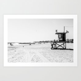 Newport Beach Lifeguard Tower Modern and Vintage Beach Aesthetic Photography of Grey Black White Sky Art Print