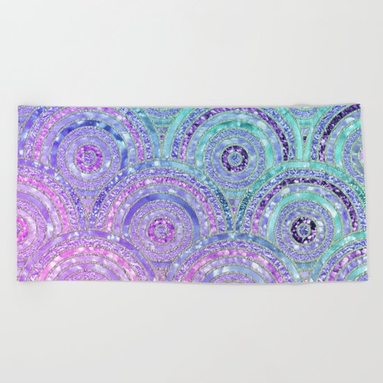 Aqua Blue Purple and Pink Sparkling Glitter Circles Beach Towel
